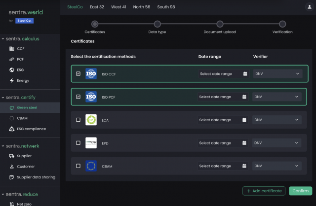 sentra.world platform depicting Carbon Certifications